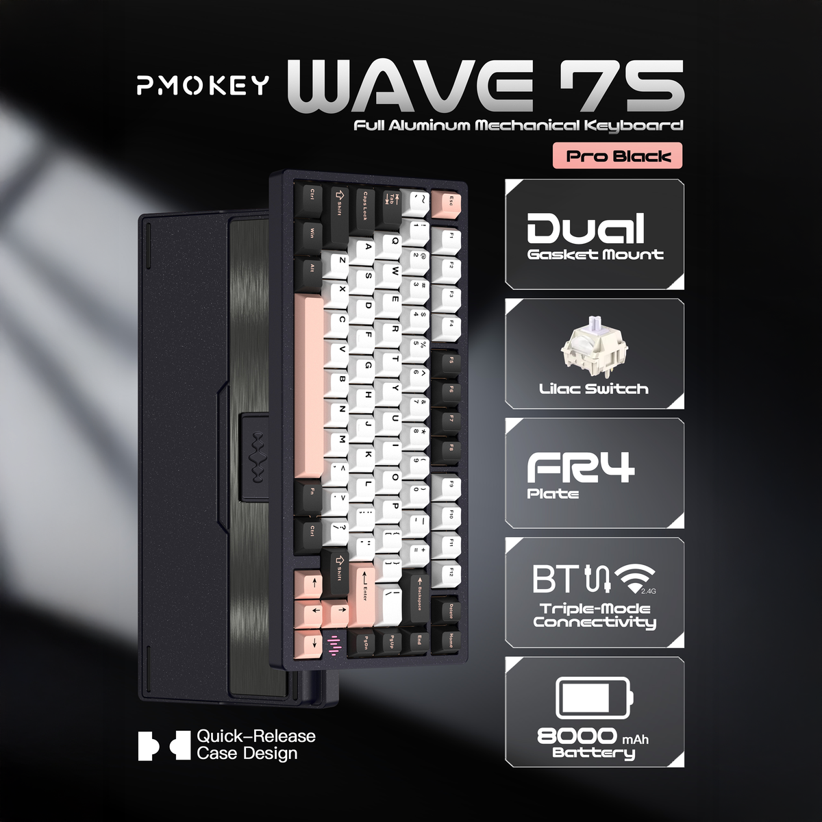 PMOKEY Wave 75 CNC Aluminum Quick Release Tri-Mode Gaming Keyboard wit ...