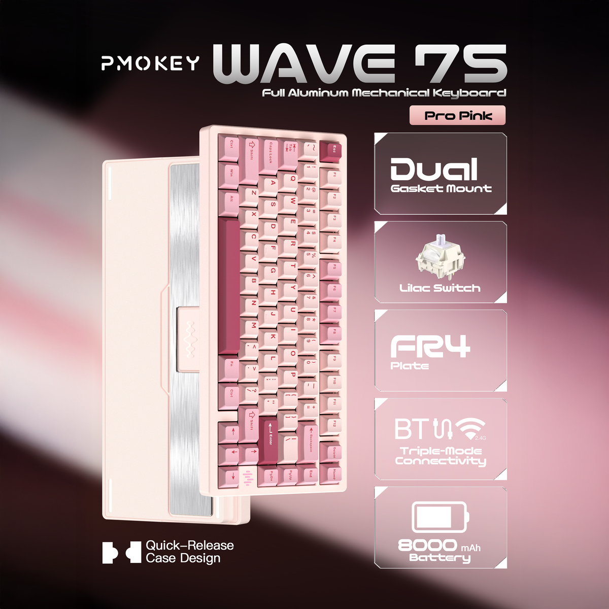 PMOKEY Wave 75 CNC Aluminum Quick Release Tri-Mode Gaming Keyboard wit ...