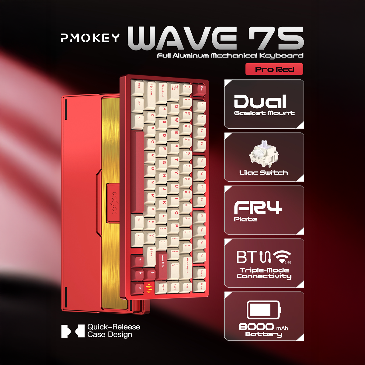 PMOKEY Wave 75 CNC Aluminum Quick Release Tri-Mode Gaming Keyboard wit ...