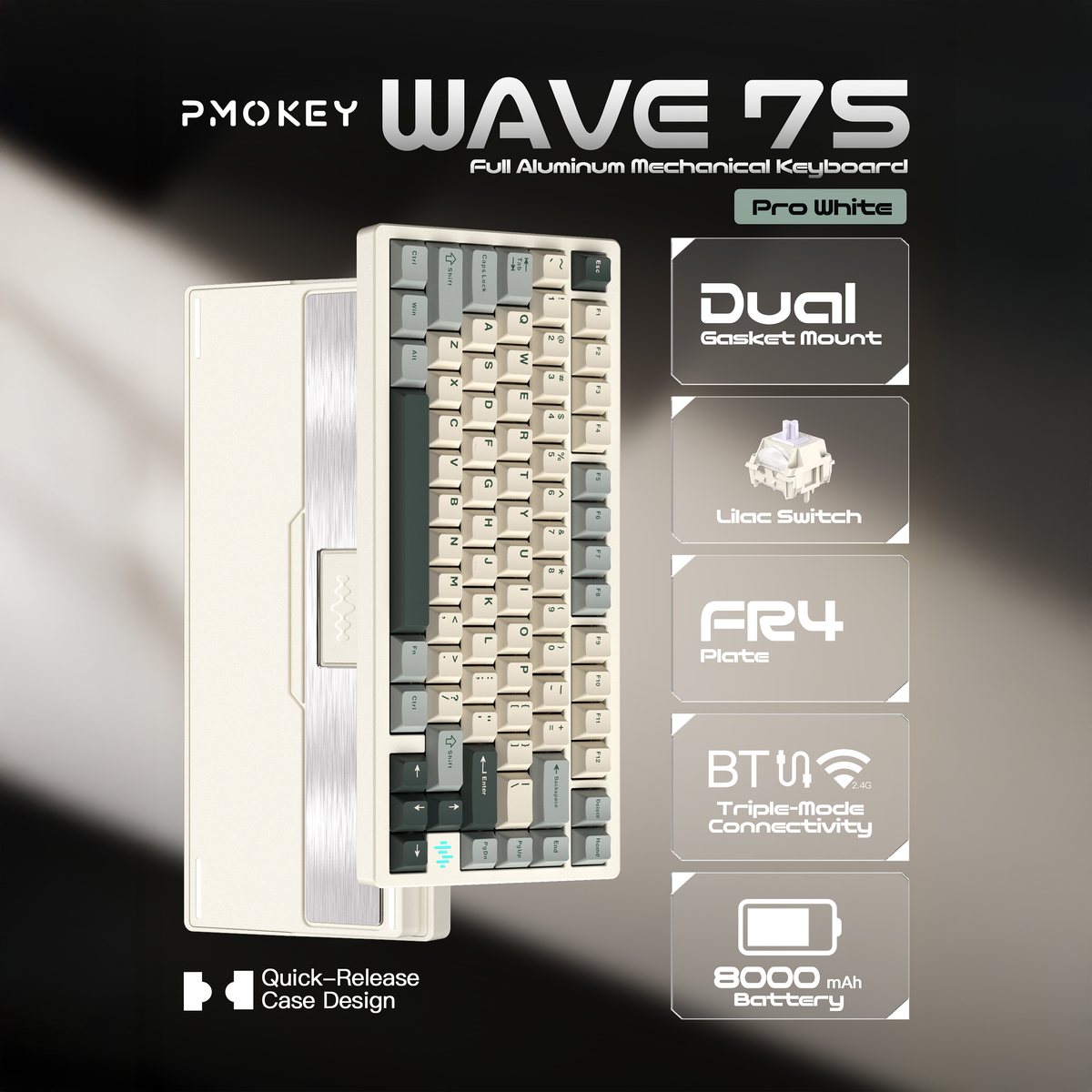 PMOKEY Wave 75 CNC Aluminum Quick Release Tri-Mode Gaming Keyboard wit ...